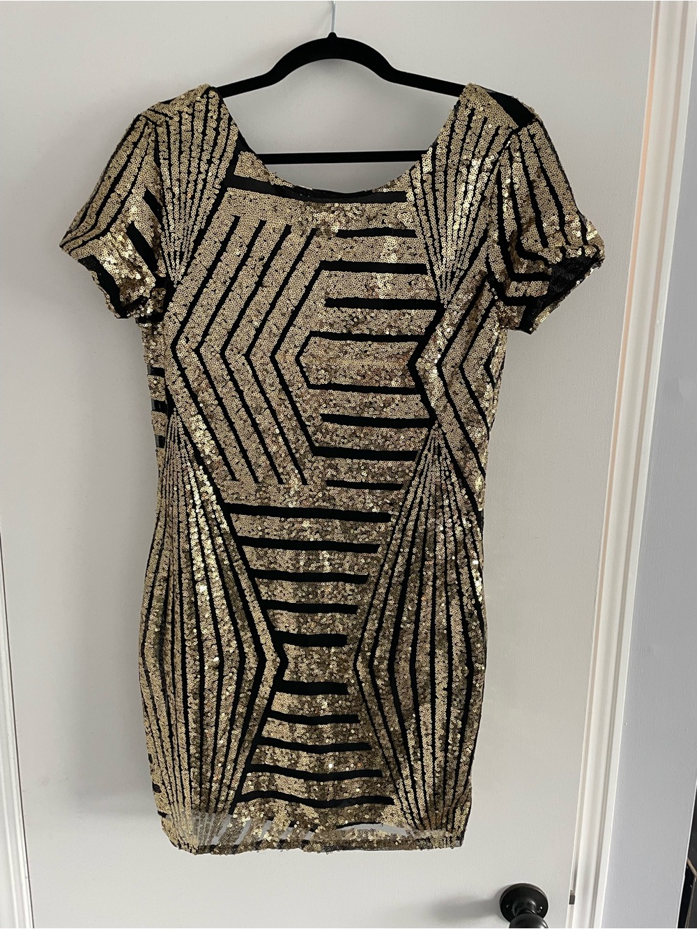 Black & Gold Vintage Sequin Geometric Mini Dress